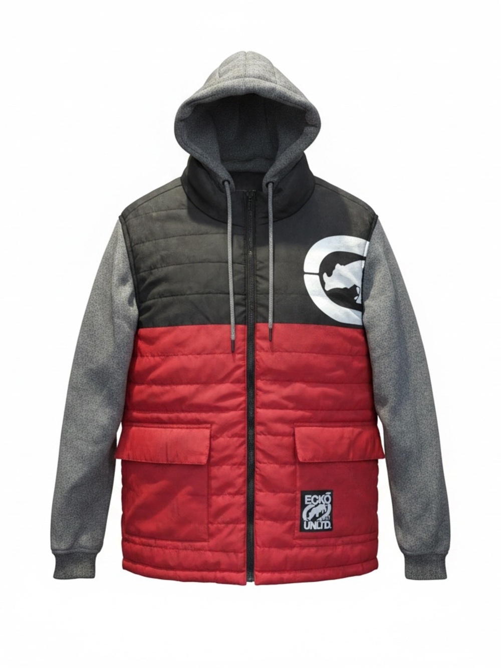 Ecko Unlimited Red, Black & Gray Hooded Puffer Jacket